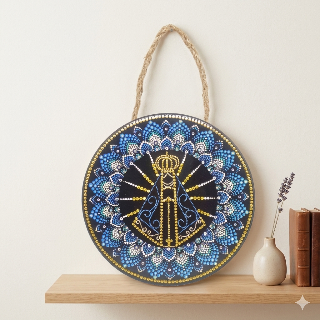 Mandala Nossa Senhora Aparecida Cerâmica 16 cm Pintura a Óleo Decorativa Parede Religiosa Presente Fé Alta Qualidade