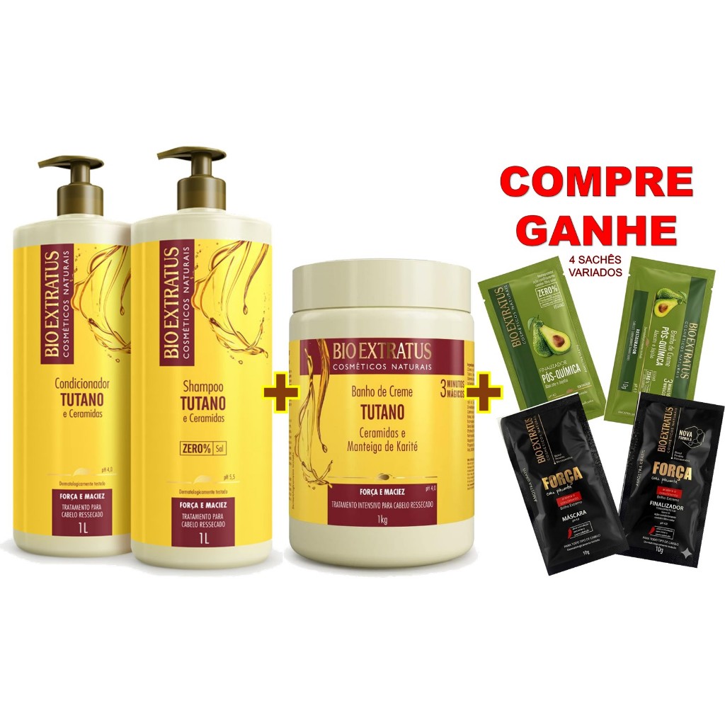 KIT GRANDE TUTANO BIO EXTRATUS SHAMPOO 1L + CONDIC 1L + CREME 1KG + 🎁BRINDE 4 SACHÊS VARIADOS🎁