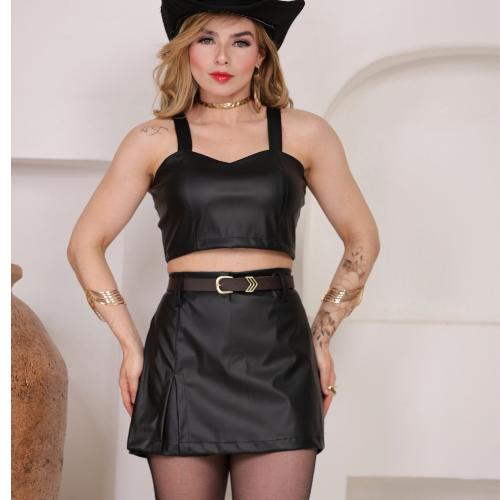 Detalhes do CONJUNTO COURO FEMININO CROPPET+ SHORT SAIA EXELENTE PRA QUALQUER OCAÇÃO