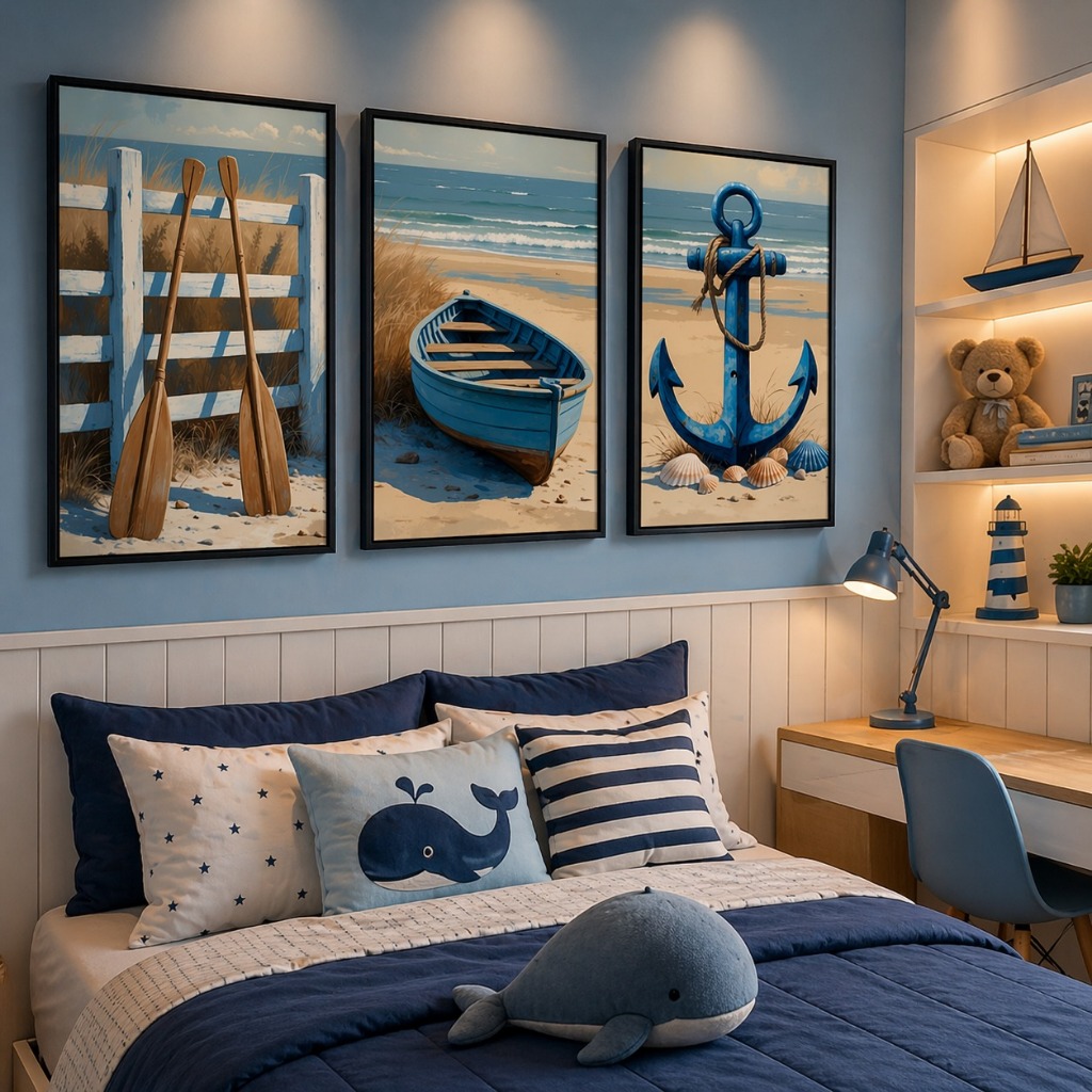 Quadros 3 Peças Decorativos Infantil Barco Âncora Marinheiro Decoração Para Quarto De Criança