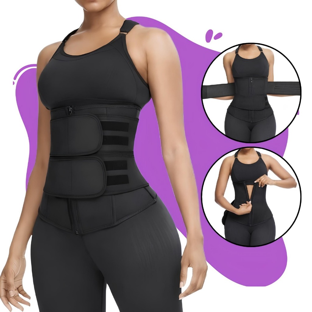 Cinta modeladora feminina de cintura compressão abdominal zíper velcro duplo efeito sauna barriga