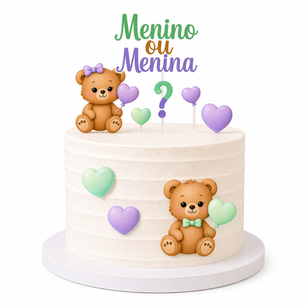 Topo de Bolo Chá Revelação Ursinho Menino ou Menina Verde e Lilás Decoração Festa