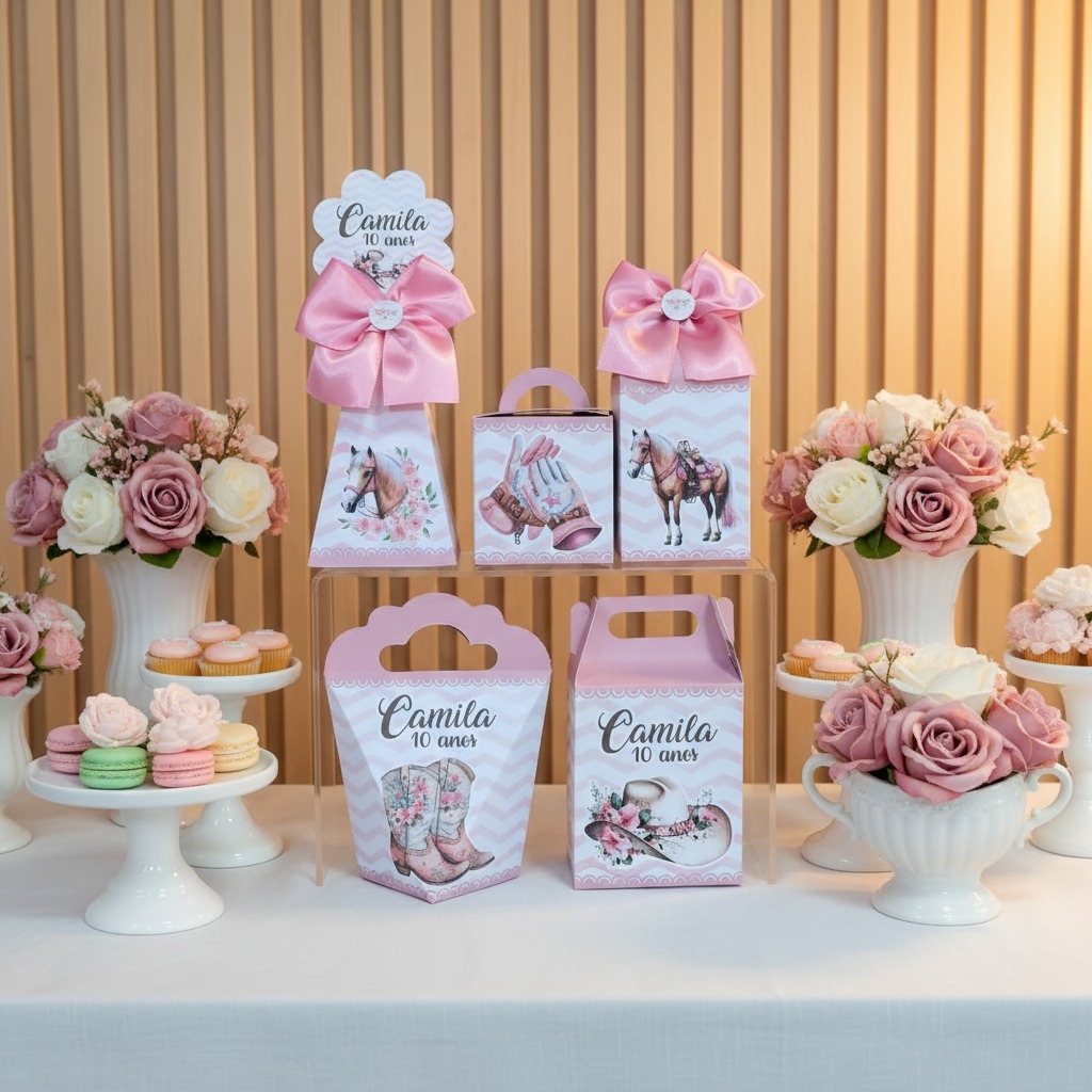 Kit Caixinhas Personalizadas PEGUE E MONTE Cowgirl Boiadeira Rosa Haras Menina Caixas para Lembrancinhas de Aniversário