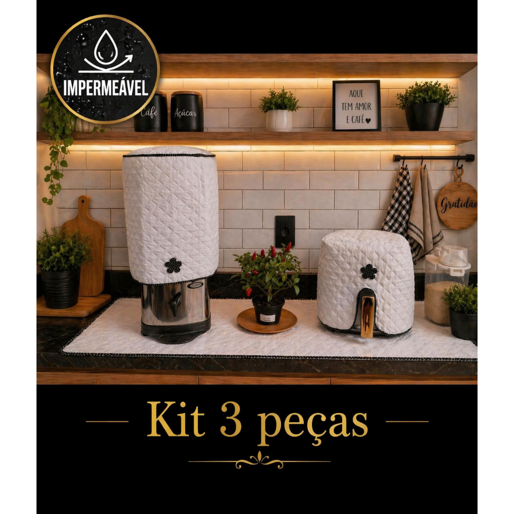 Kit Charmouse 3 Peças Cozinha Impermeável Mate lado – Capa de Galão + Capa Air Fryer 4,5L + Caminho 45x90