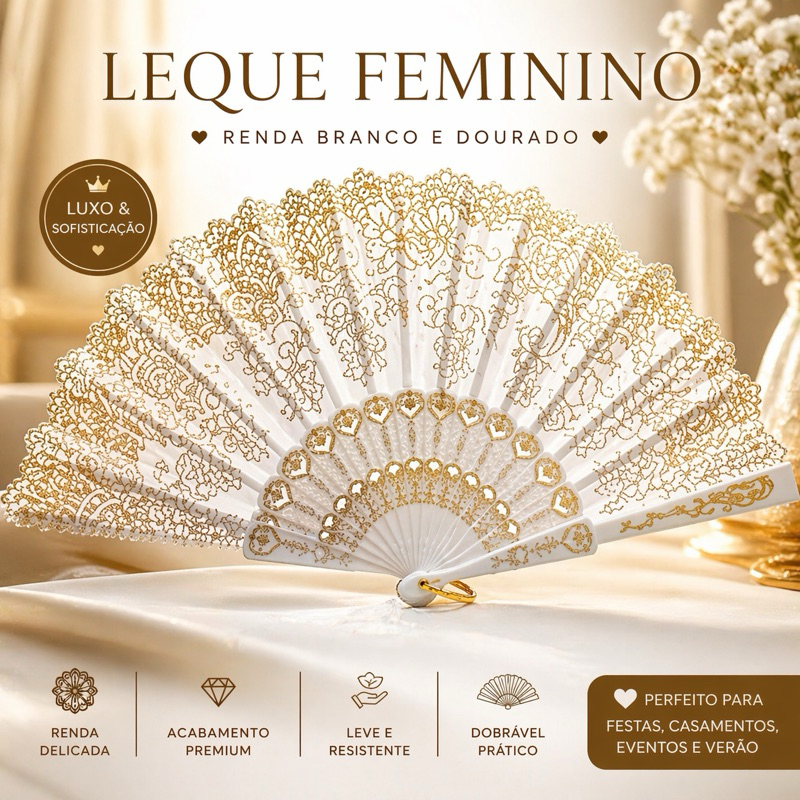 Leque Feminino Renda Branco Dourado Luxo Dobrável Festa Verão Elegante
