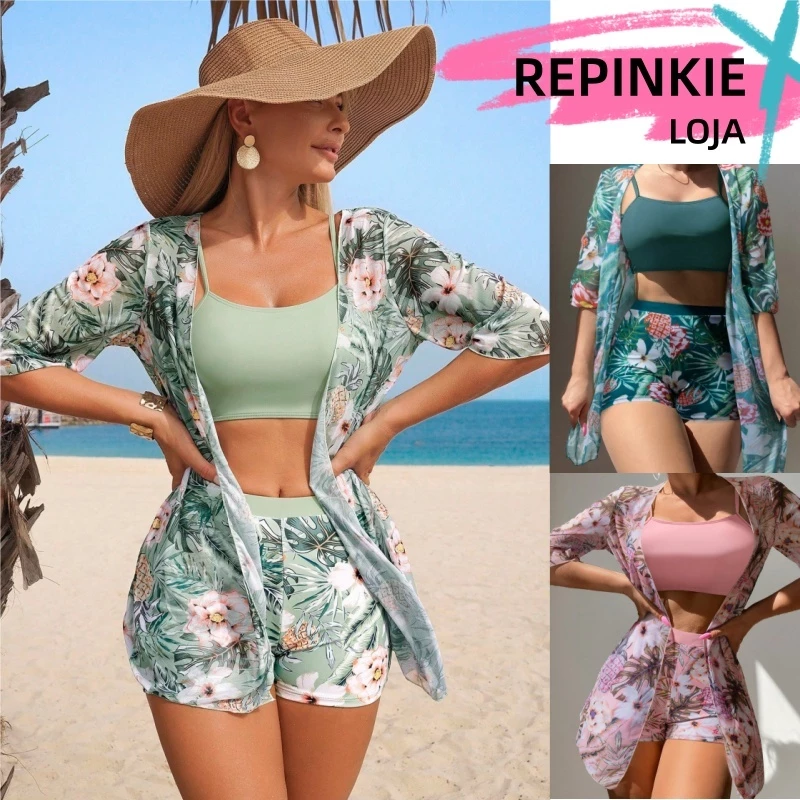 Maiô Biquíni com Saída de Praia Feminino Três Peças Com Print Cordão Estampa Cordão — imagem 1