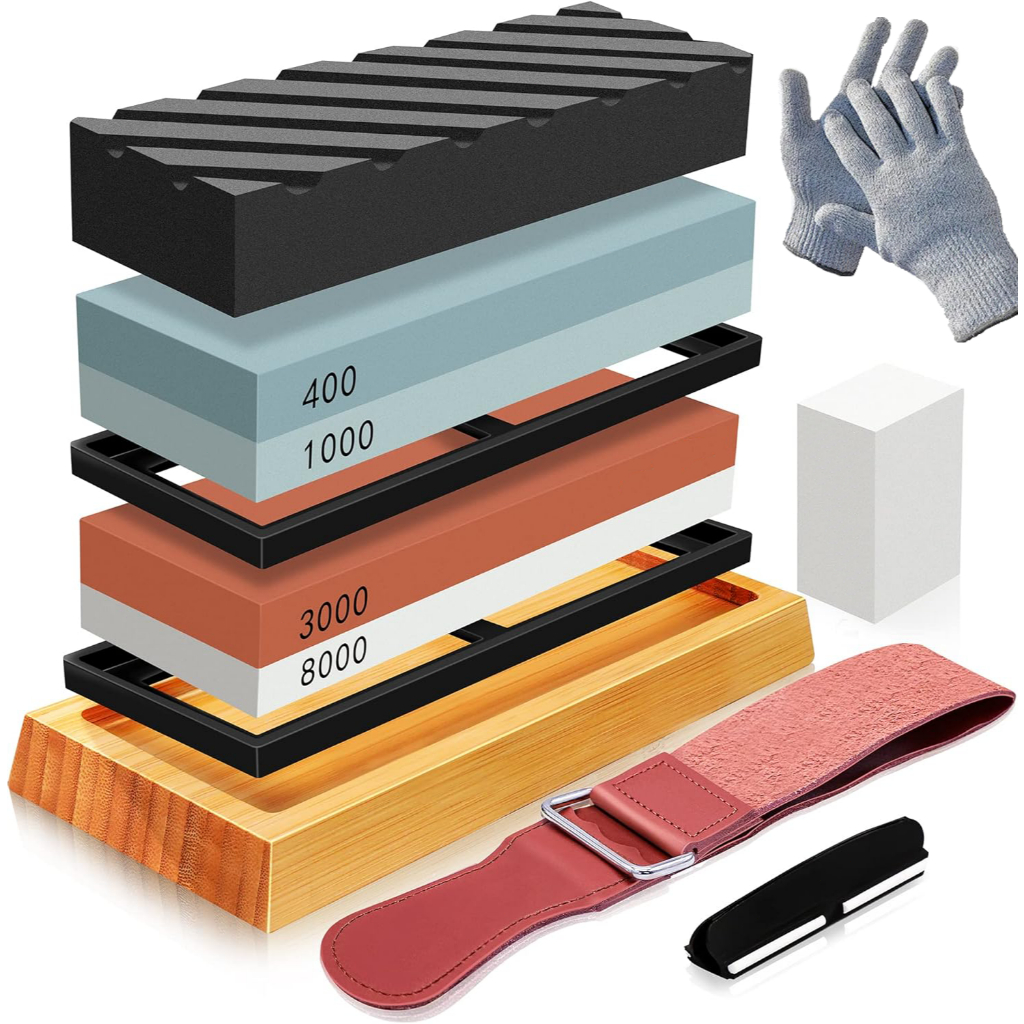 Kit Pedra de Amolar 400/1000 + 3000/8000 com Base Antiderrapante, Guia de Ângulo e Couro