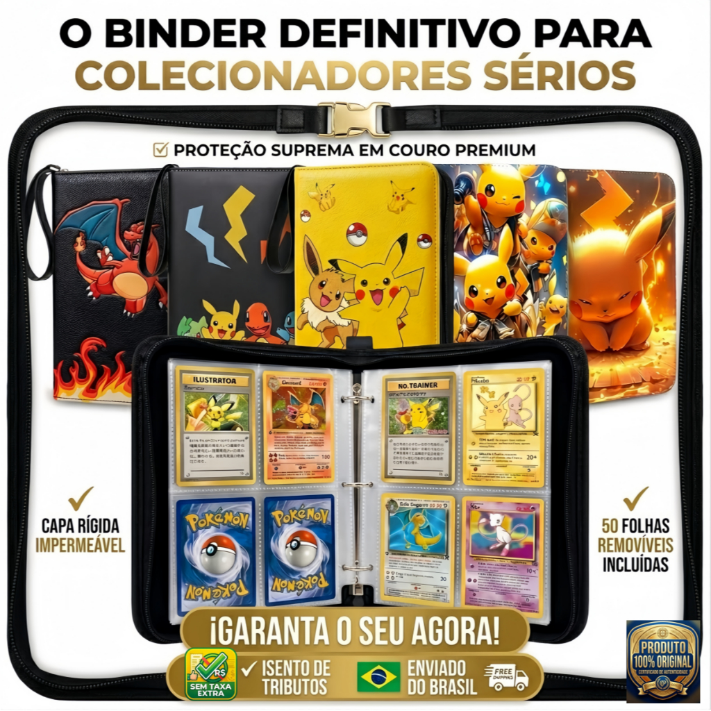 Álbum Cartas Pikachu Charizard Fichário Couro Zíper 50 Folhas 2x2 400 Cards HD Premium