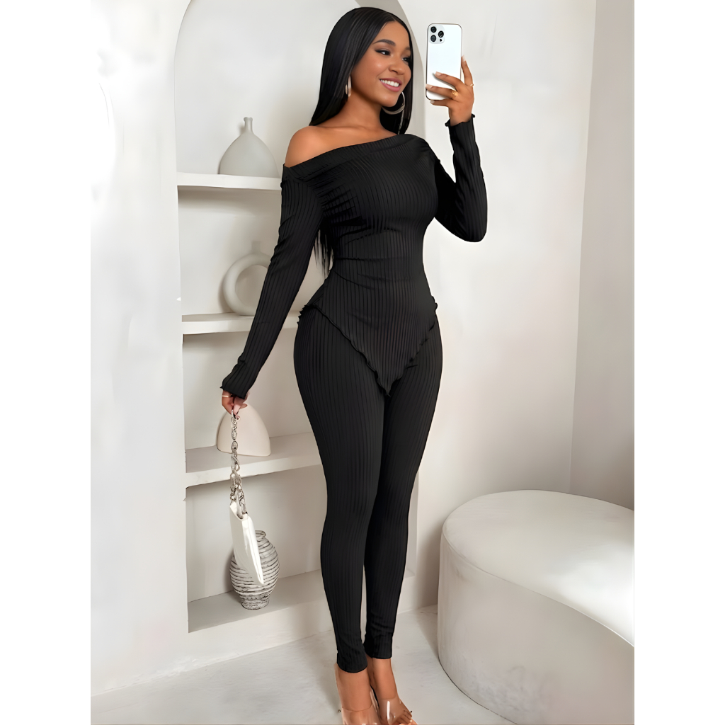 Conjunto Feminino Sara Blusa Assimétrica Manga Longa + Calça Legging Ribana Moda Inverno Versátil