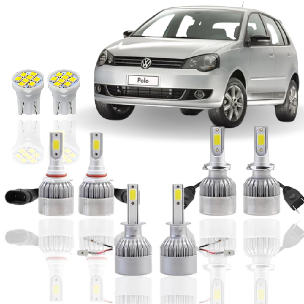 KIT Lâmpada Led (Farol Baixo Alto Milha Farolete) Volkswagen Polo 2007 a 2014 H1 H7 HB4 T10  SUPER LED neblina Meia Luz