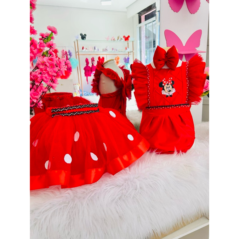 kit romper saia removível minei vermelha salopete vestido menina