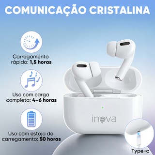 INOVA Fone Bluetooth 5.4 36H Bateria Redução Ruído 99% IPX5 Água Driver 13mm Pop-up
