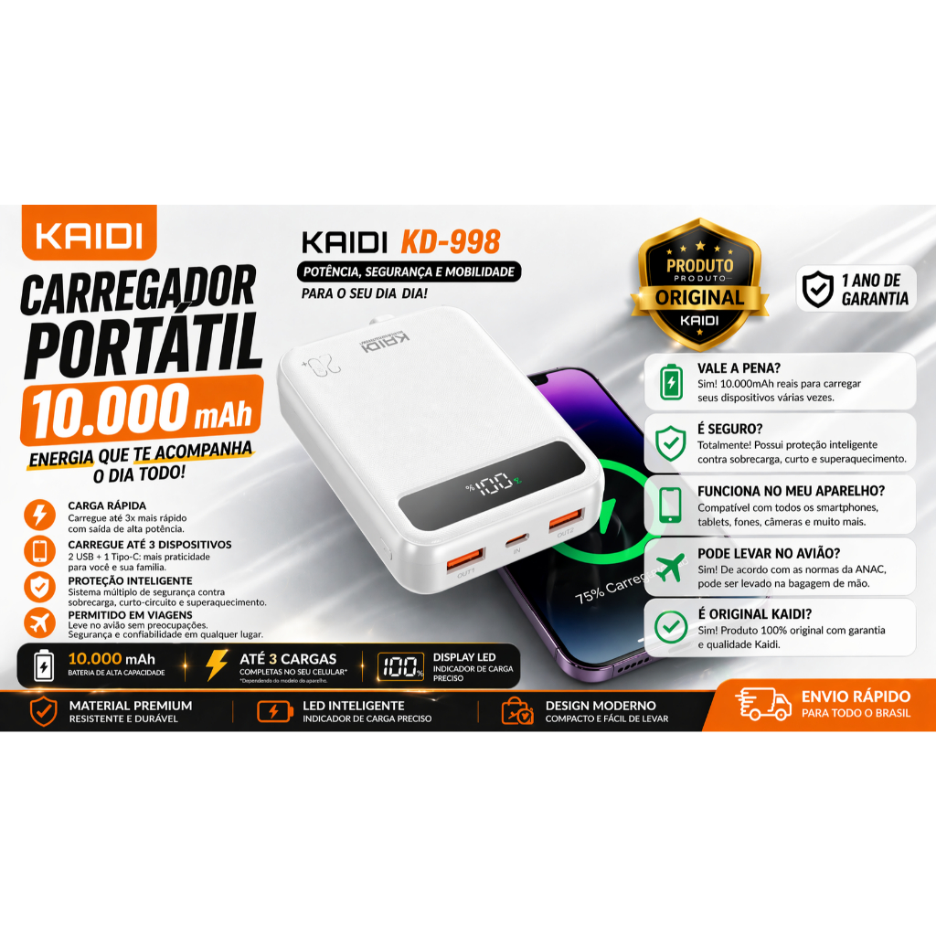 Power Bank MagSafe 10000mAh Carregamento Sem Fio Magnético Fast Charge USB-C Para iPhone Android