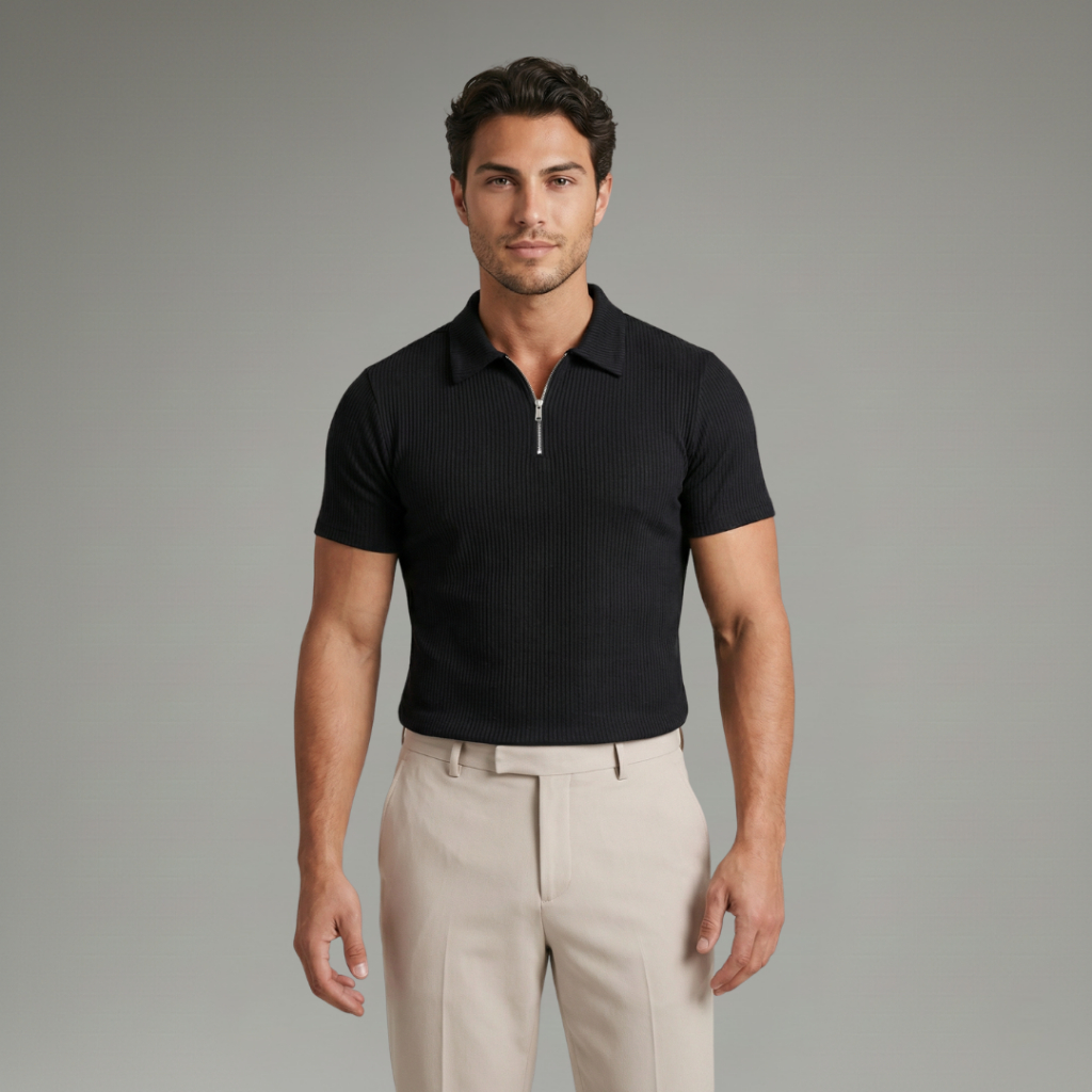 Camiseta Polo Ziper Camisa Manga Curta Malha Canelada Masculina Polo Italiana