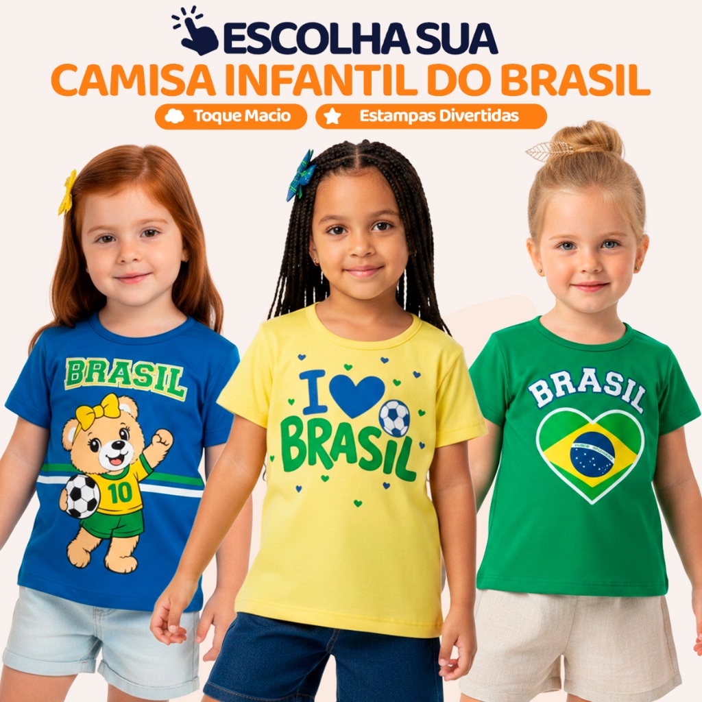 Camiseta infantil menina Brasil Copa 2026 algodão seleção brasileira roupa menina amarelo azul verde Blusa Futebol Hexa