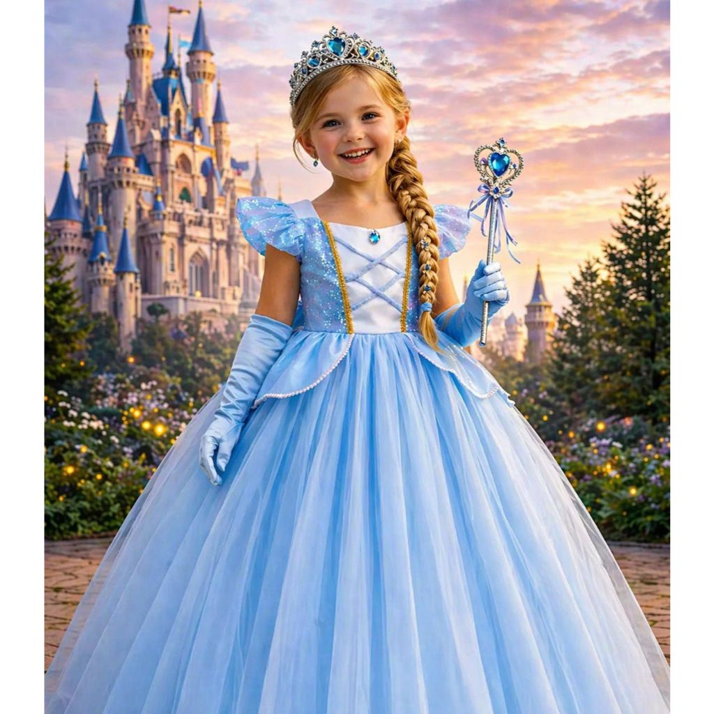 Fantasia Princesa Cinderela Infantil Vestido Menina Completo Vestido Tiara Luva Varinha