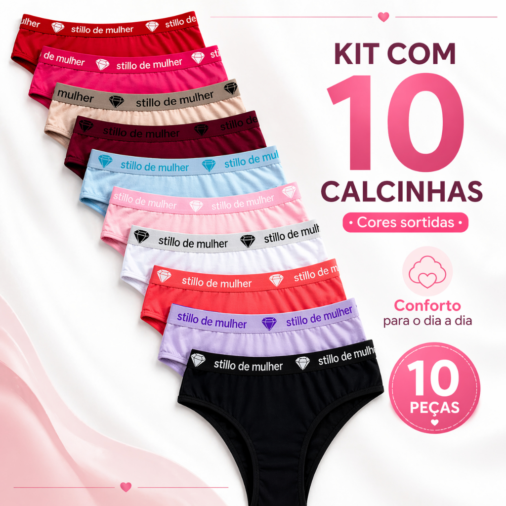 Kit 10 e 5 Calcinha Conforto Cós Alto 100% Algodão Stillo de Mulher Liso e Estampado Cintura Alta