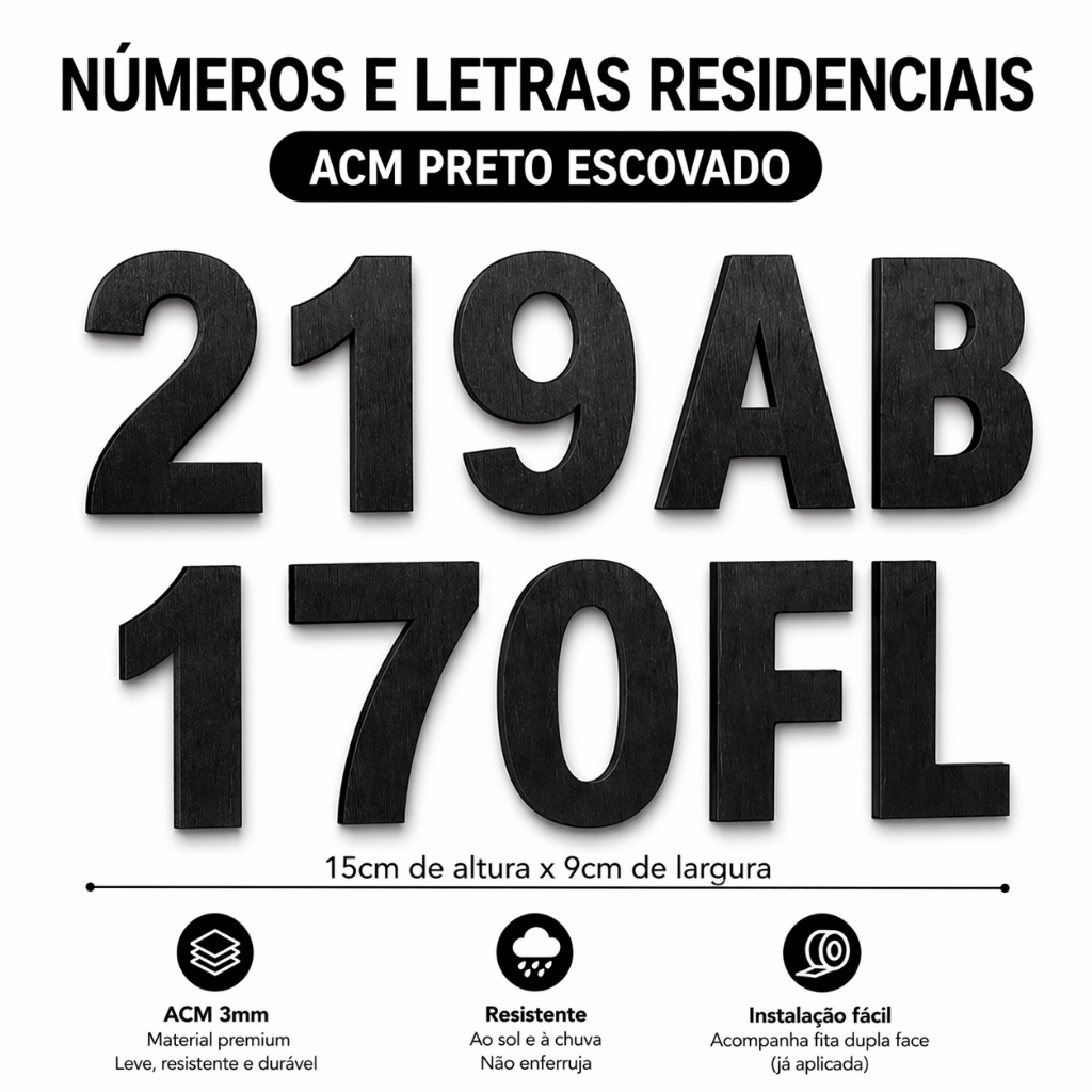 Numero Residencial Preto 15x9 cm (0 ao 9) do (A ao Z) ACM