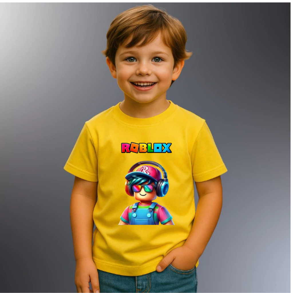 Camiseta Infantil Roblox Amarela Personagem Gamer Algodão Confortável