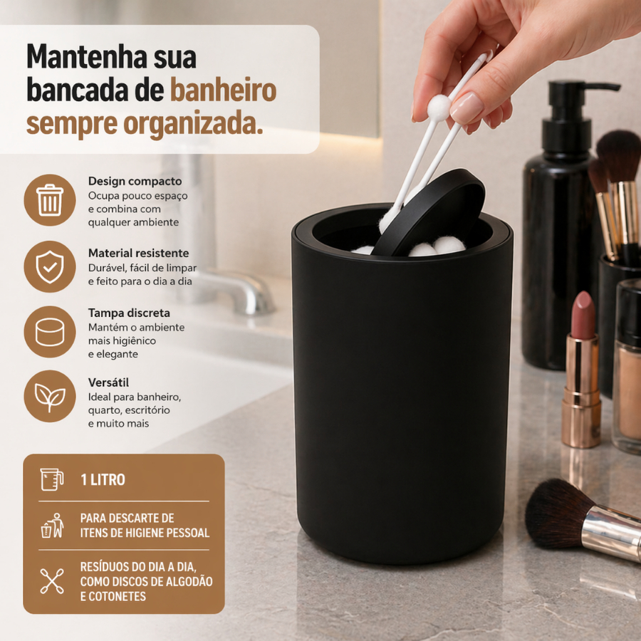 Lixeira Pequena Lixinho 1 Litro Preta Basculante De Bancada Algodão Cotonete Manicure Penteadeira