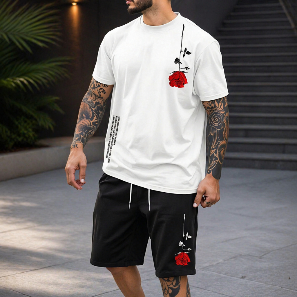 Conjunto Masculino Camiseta Slim Básica + Short Moletinho Estampado Rosa Moda Streetwear
