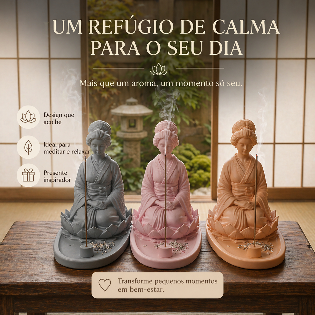 Imagem Porta Incenso Incensário Gueixa Decoração Zen Yoga Meditação Aromaterapia Cascata Fumaça Cores Kit