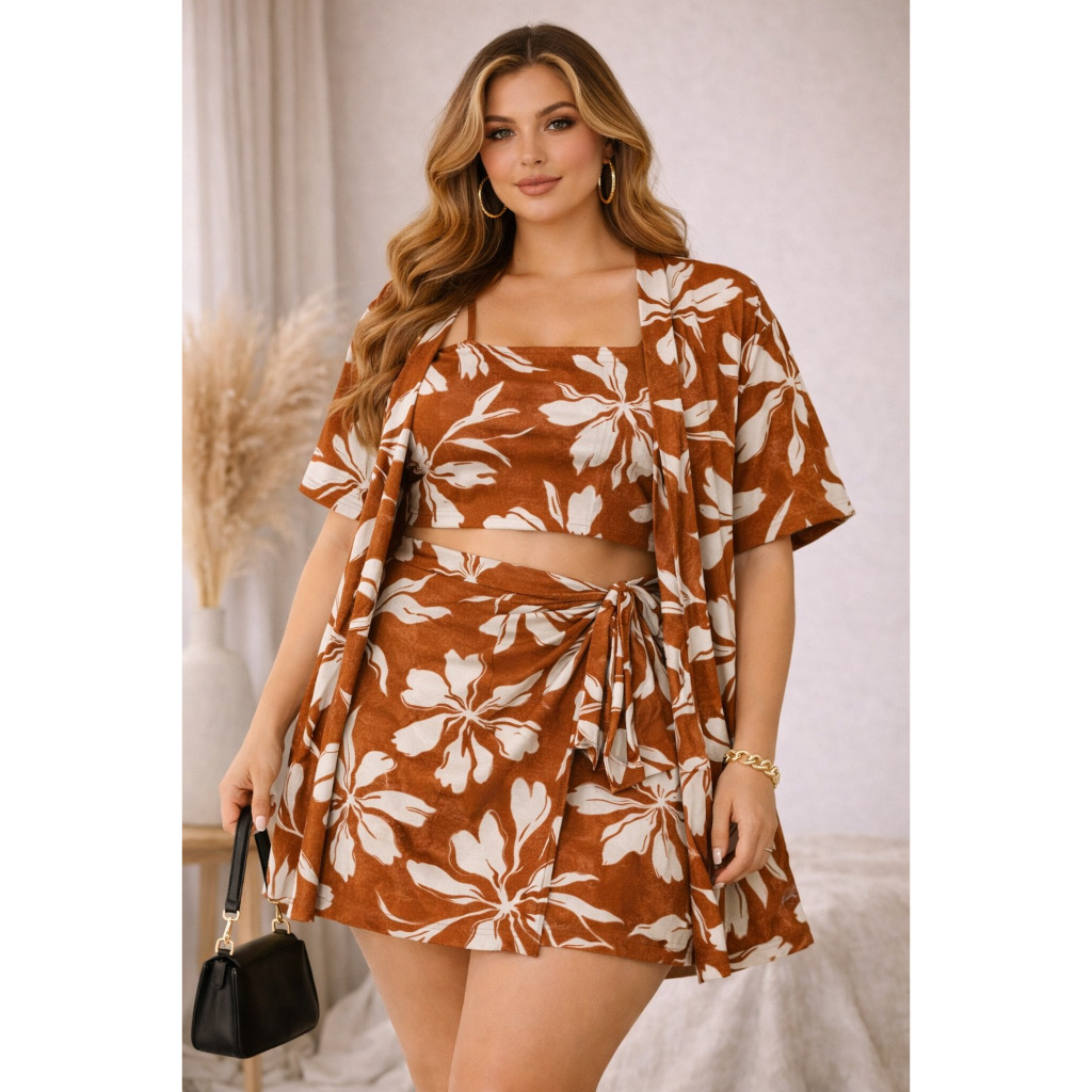 Conjunto Feminino 3 Peças Estampado Kimono + Cropped + Short Saia Moda Verão Casual Elegante