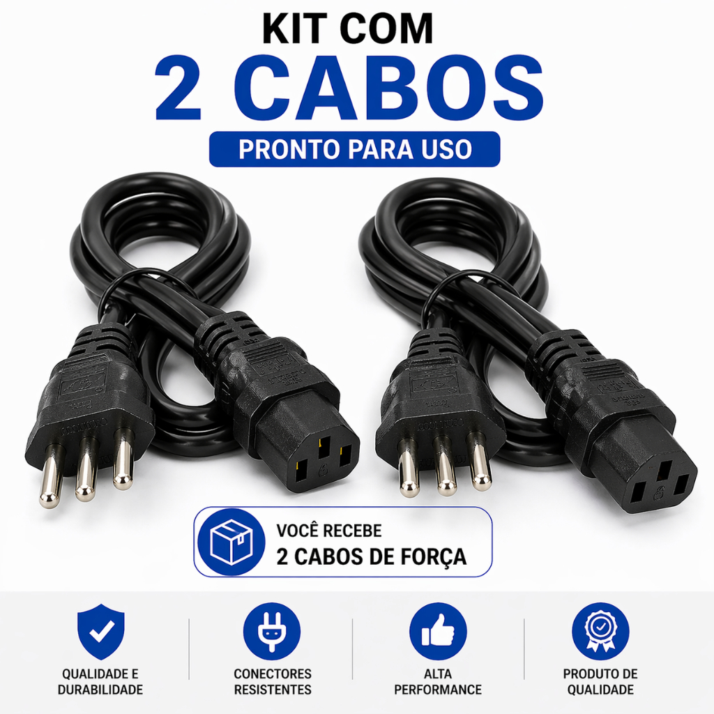 Kit 2 Cabos de Força Tripolar 3 Pinos Padrão BR - Para PC, Fonte ATX, Monitor, I