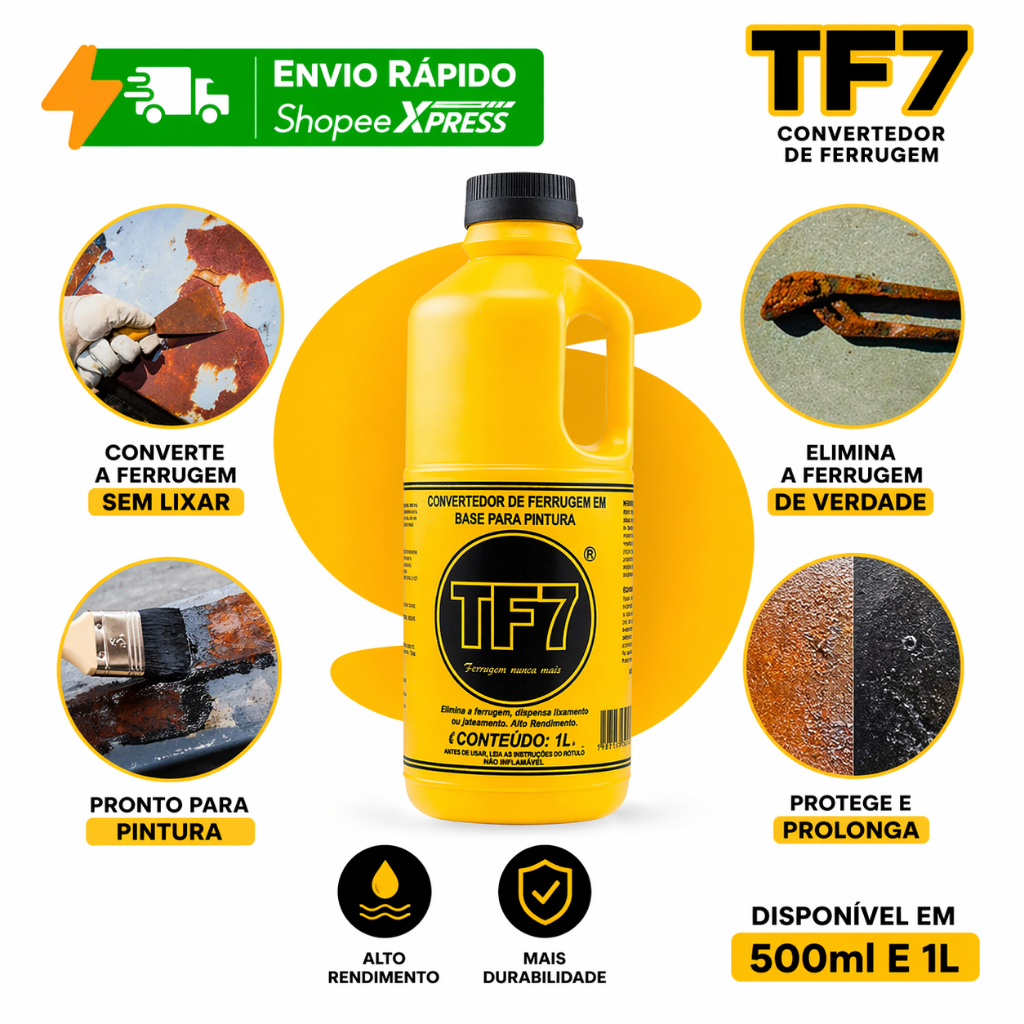 TF7 Removedor de Ferrugem Fundo e Base Líquida Original Limpa Corrosão Transforma em Primer Base P/ Pintura