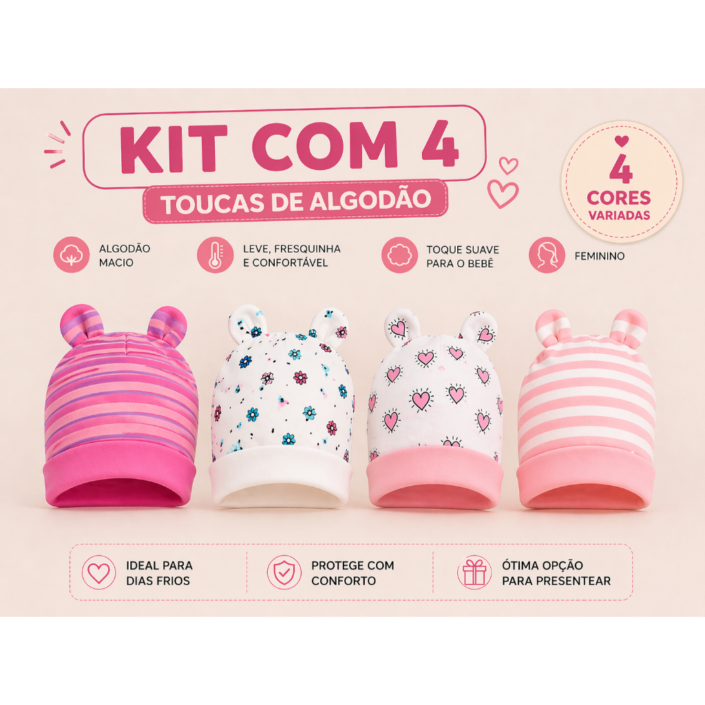 Kit 4 Toucas Bebê RN Inverno Masculino e Feminino Estampadas Sortidas Frio Premium
