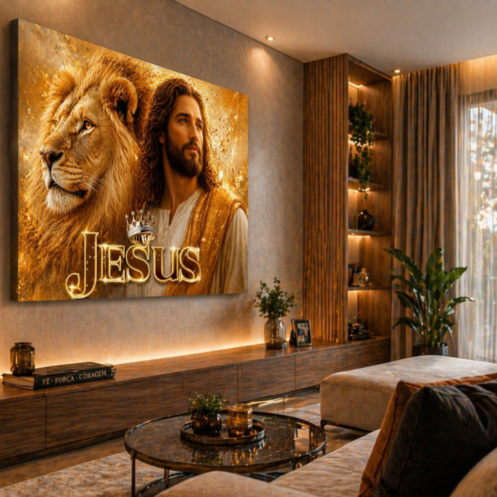 Quadro Leão de Judá com Jesus Dourado Grande Decorativo Religioso Luxo Sala Quarto Fé Cristã Parede