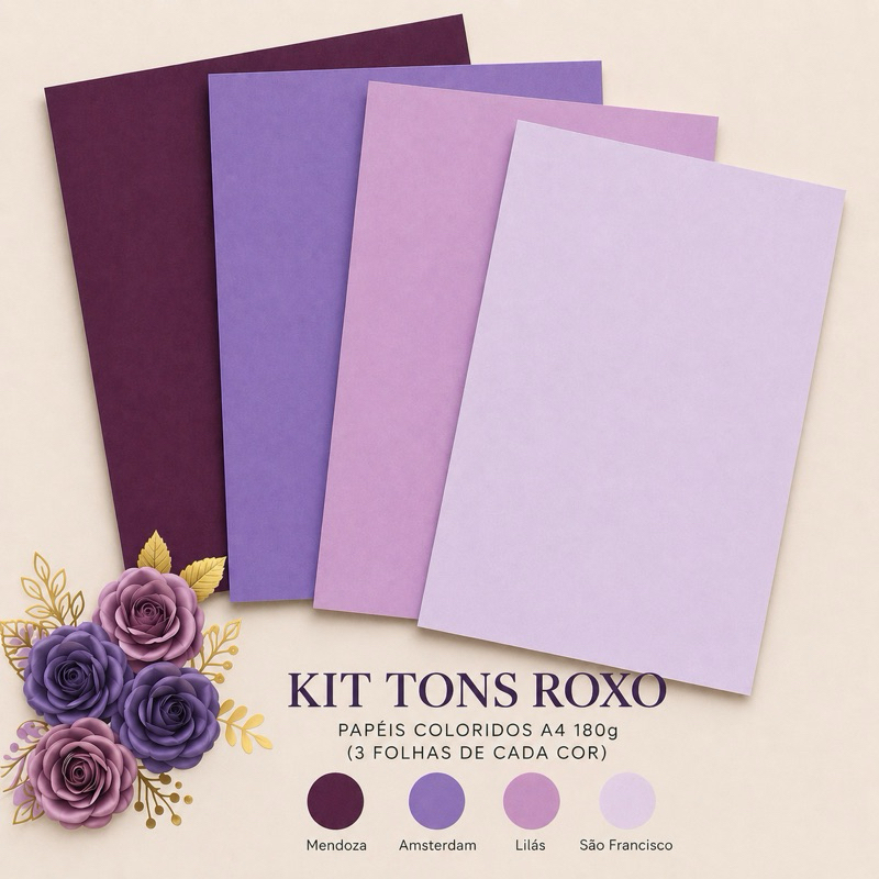 Color Plus Tons Roxo A4 180g Papel Colorido Kit com 12 Folhas para Artesanato e Papelaria