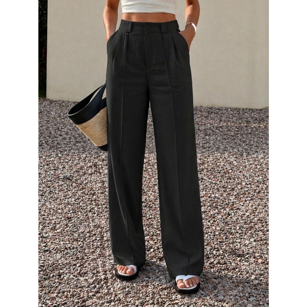 AS1446-Calças femininas sólidas de perna larga, cintura alta, calças retas de perna larga de corte slim
