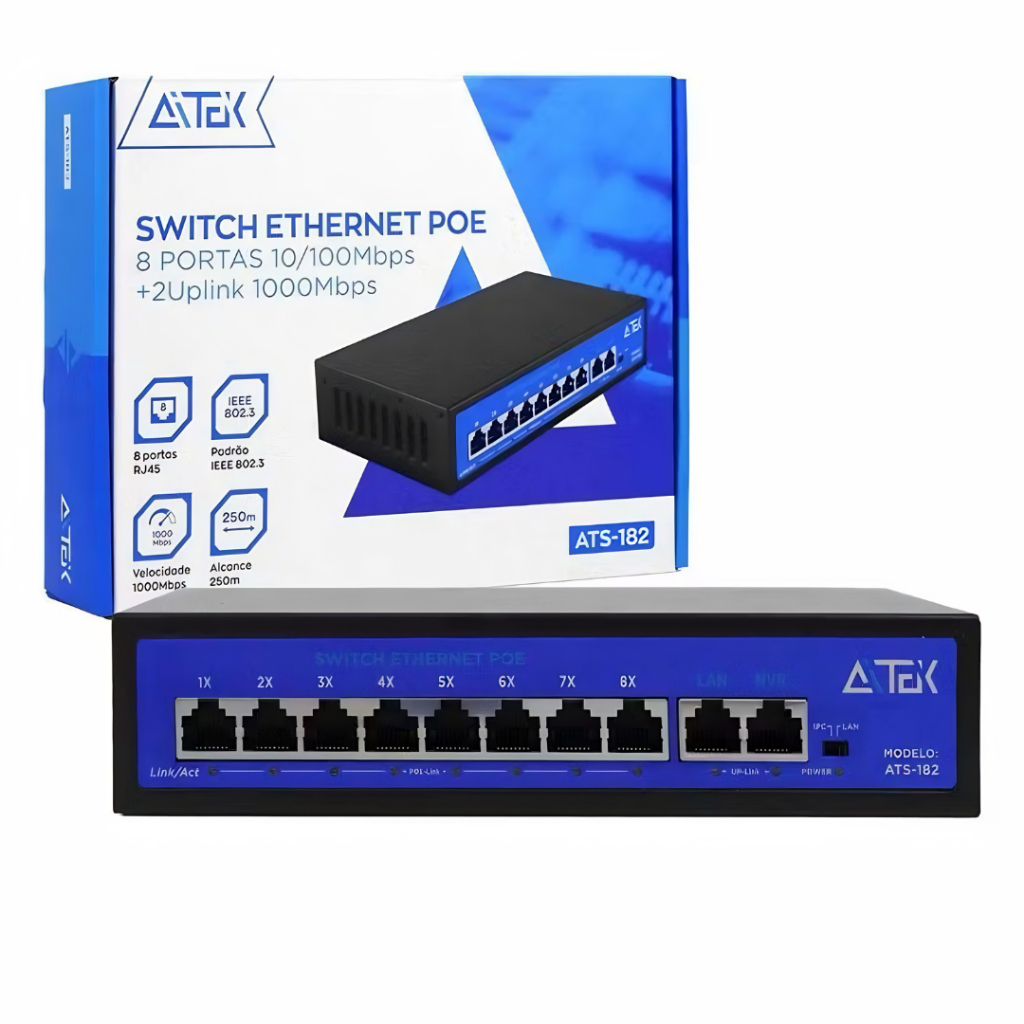 Switch Ethernet PoE 8/16 Portas 10/100/1000Mbps para Câmeras de Segurança