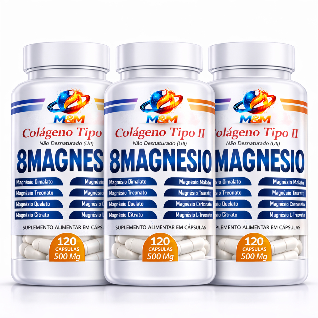 8 Magnésio DIMALATO, QUELATO E L-TREONATO + Colágeno Tipo 2 120 e 60 Cápsulas.