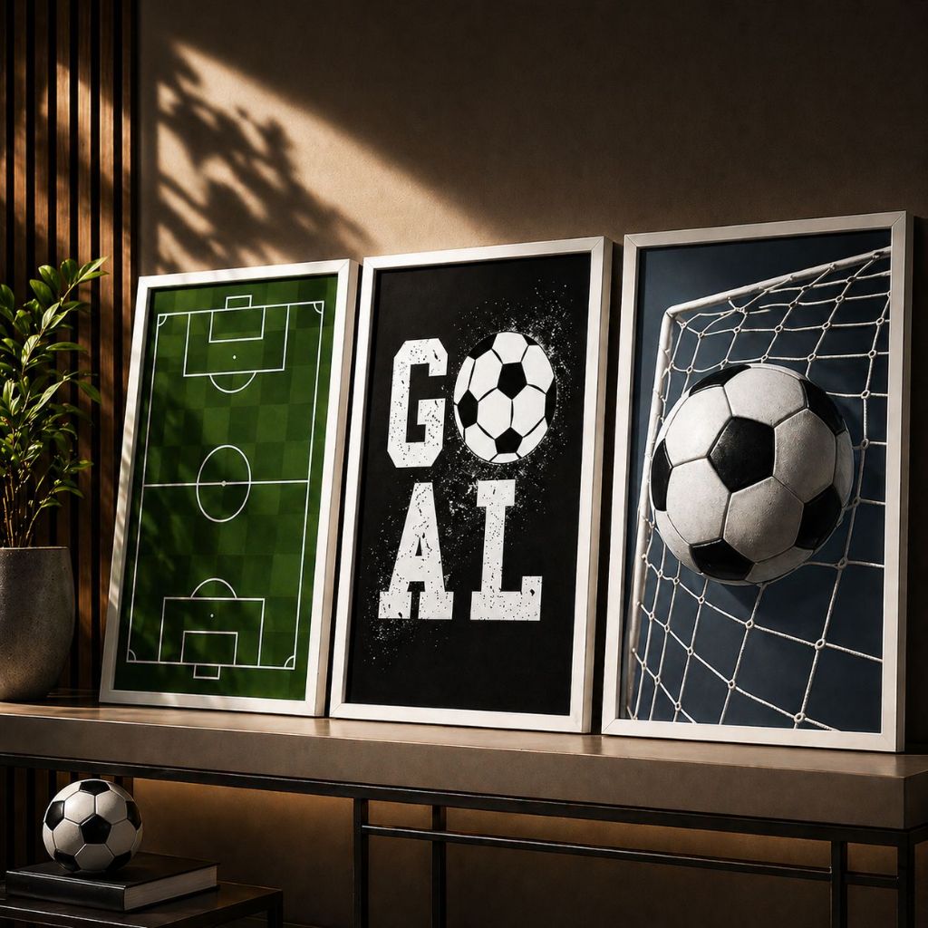 Kit 3 Quadros Decorativo de Futebol Quarto Infantil Menino Bola Gol Campo Moldura Preta Decoração Moderna Gamer Esporte