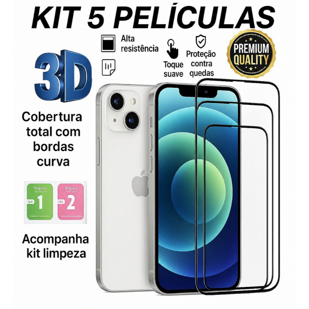 Kit 5 Película de Vidro Temperado 3D 9H Peliculas iPhone 11 12 13 14 15 16 17 Air Pro Max Plus