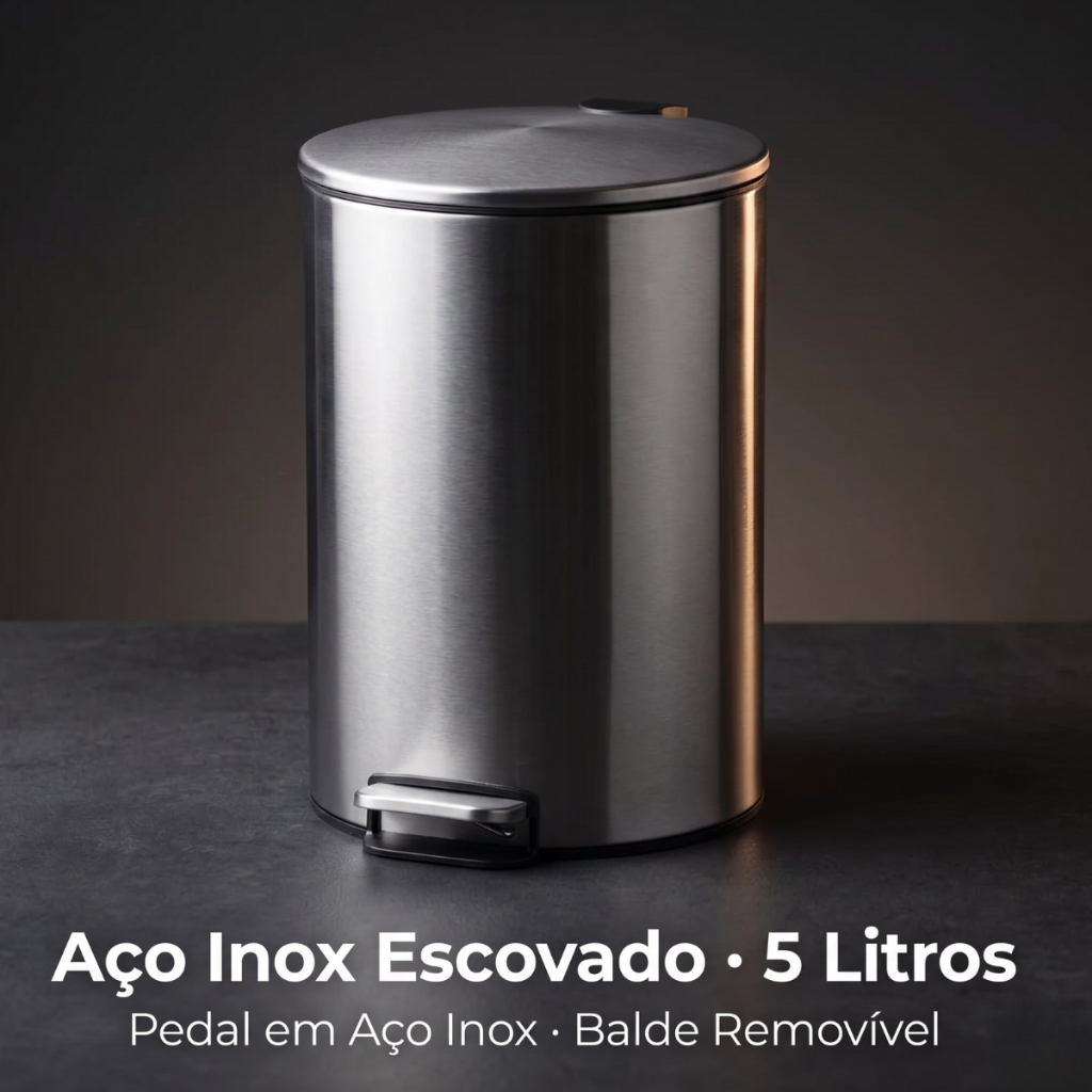 Lixeira Lixo Inox Escovado Slim 5 Litros Com Balde Removível e Pedal Banheiro Lavabo - Powermaid