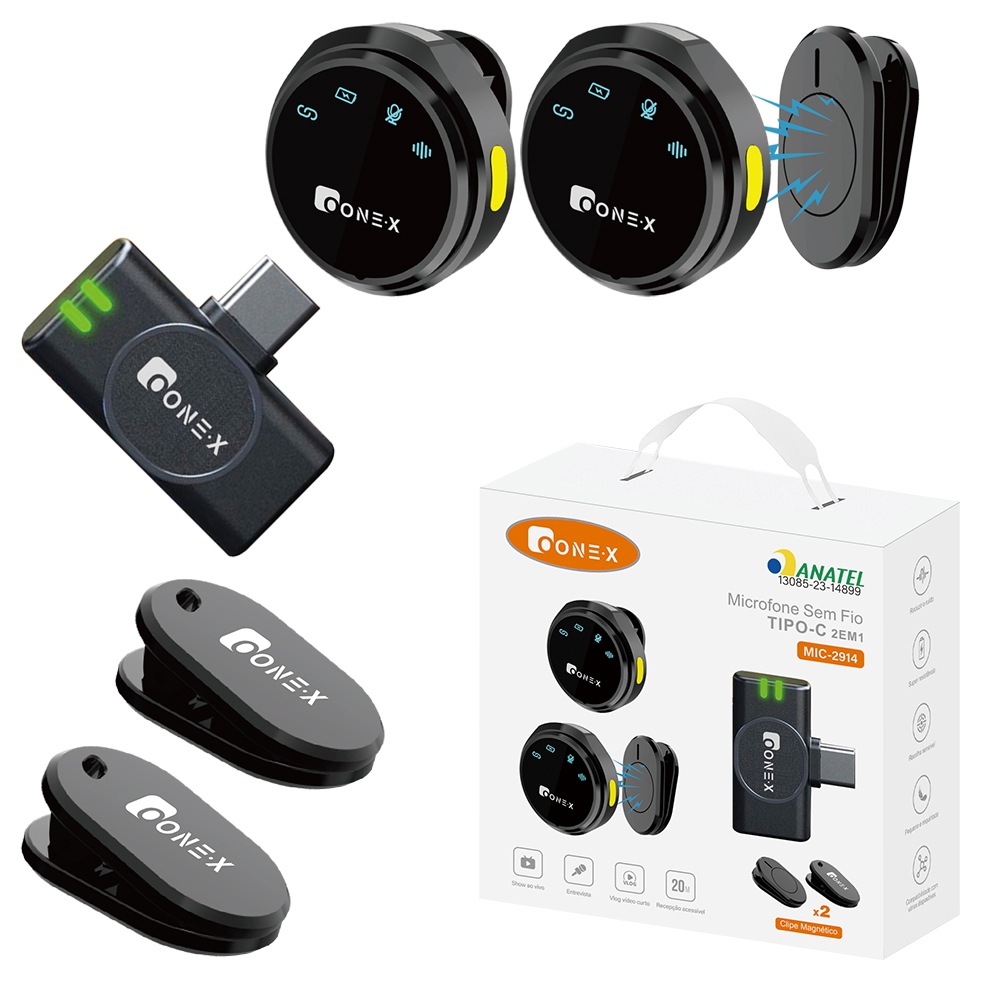 ONEX Microfone Lapela Sem Fio 2 em 1 para Celular Lightning com Redução de Ruído Duais discos sem fio