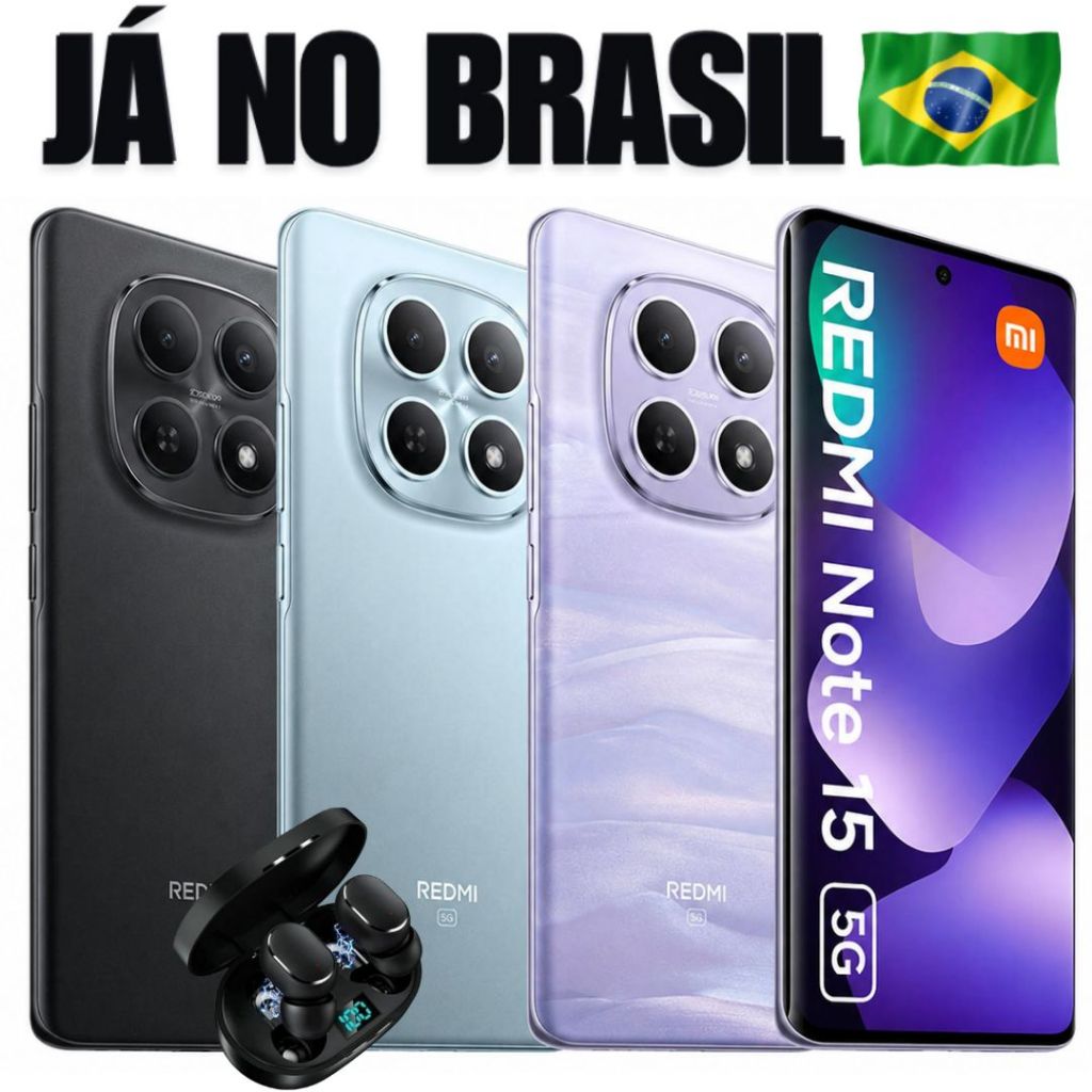 Novo Celular Redmi Note 15 5G NFC Versão Global 256GB 512GB e 8GB RAM, Dual Sim, Câmera 108MP + Fone