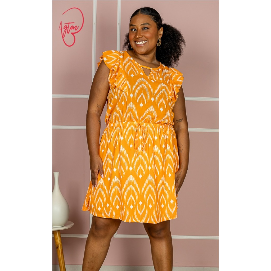 Vestido Crepe Estampado Babado Corpo Elástico Cintura Forrado