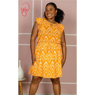 Vestido Crepe Estampado Babado Corpo Elástico Cintura Forrado