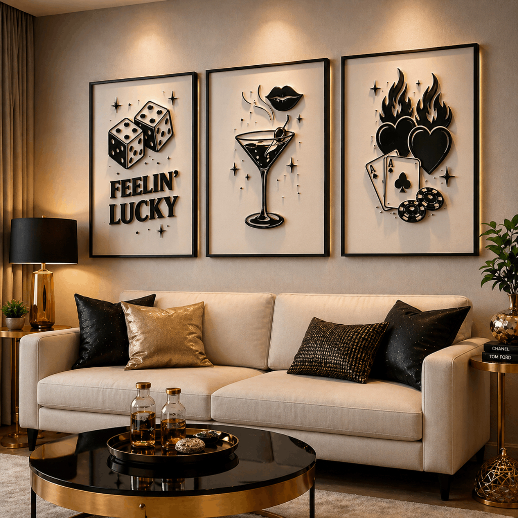 Kit 3 Quadros Decorativos Cassino Preto Branco Poker Dados Luxo Sala Quarto