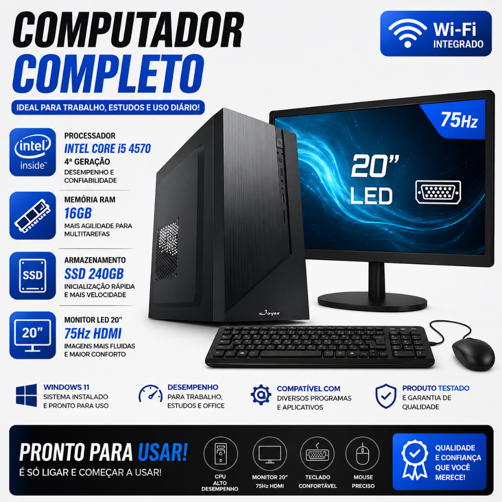 COMPUTADOR COMPLETO OFFICE INTEL CORE I5 4570 4ª GERAÇÃO 16GB RAM SSD 240GB MONITOR 20'' 75HZ HDMI WINDOWS 11