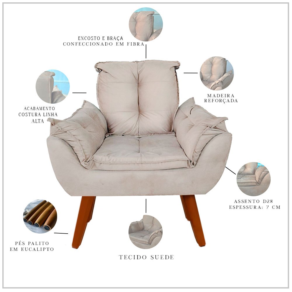 Cadeira Estofada Pés Palito Para Sala de Estar Suede Várias Cores — imagem 2 de 2
