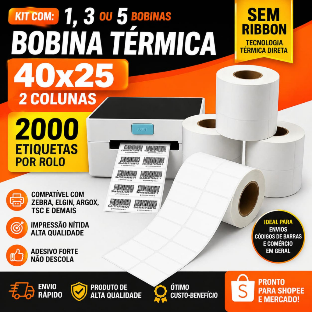 Kit 5, 3, 1 Bobina Térmica Adesiva Com 2000 Etiquetas 40x25mm 2 Colunas Mercado Envios Impressora
