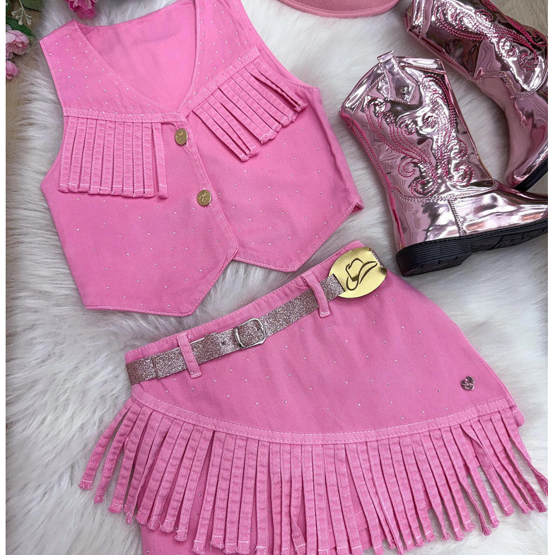 Conjunto Infantil Boiadeira Jeans Colete e Saia Cowgirl Franja Ana Castela Rodeio Luxo 2 a 18 com cinto de BRINDE