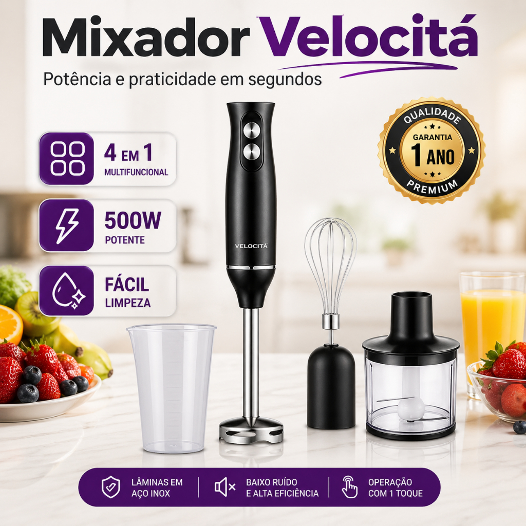 Mixer 4 em 1 500W Multifuncional Profissional Triturador Batedor Liquidificador de Mão 127V