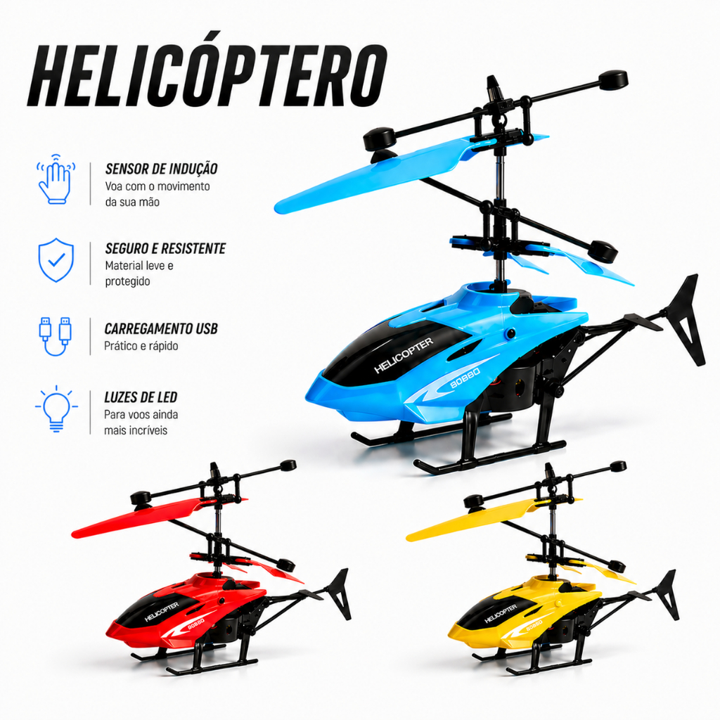 Brinquedo Helicóptero Voador Infantil Drone Recarregável com Luz de LED e USB