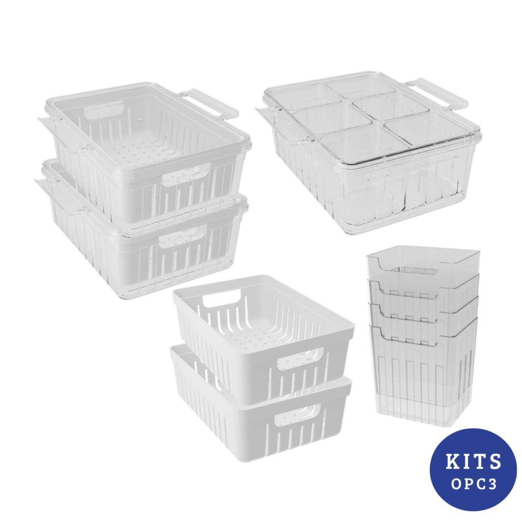 Kit Organizador de Geladeira 9 Peças Premium Porta Tempero com Tampa, Escorredores Cestos Multiuso